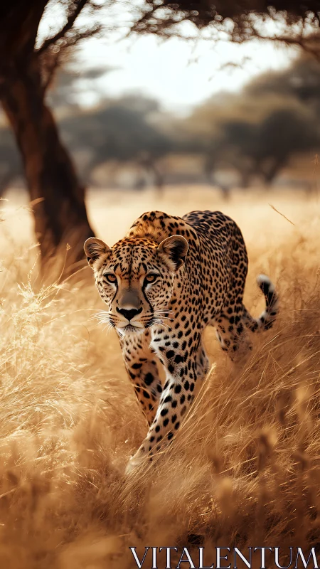 Sunlit cheetah threads molten grass in quiet golden stride