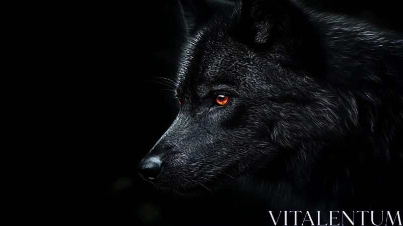 Digital chiaroscuro portrait of a black wolf in profile.
