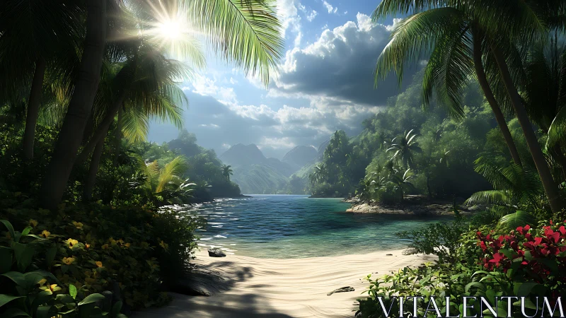 Tropical Beach Cove Surrounded by Lush Palm Trees and Mountains.
