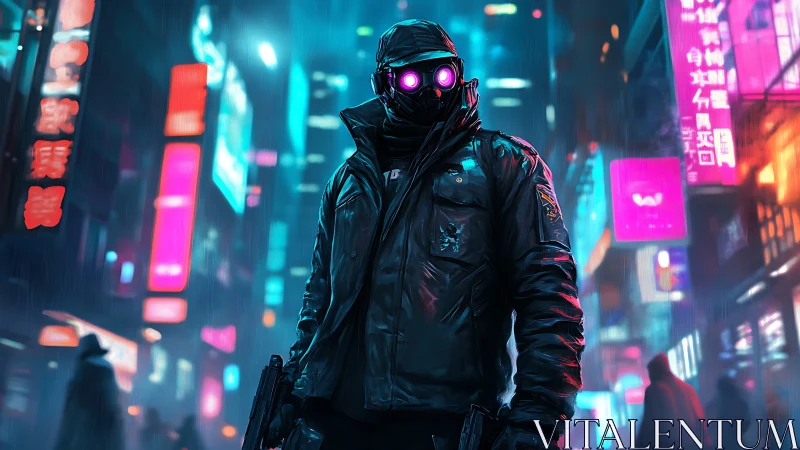 Cyberpunk enforcer under neon rain in future city.