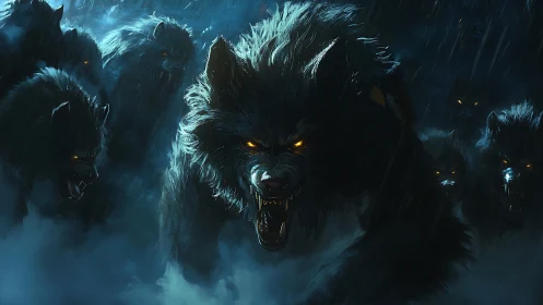 Ferocious spectral wolf pack charging through storm mist.