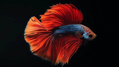 Vibrant red betta fish arcs through deep black water