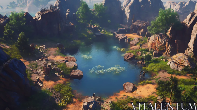 Rocky basin lake is surrounded by cliffs and sparse trees