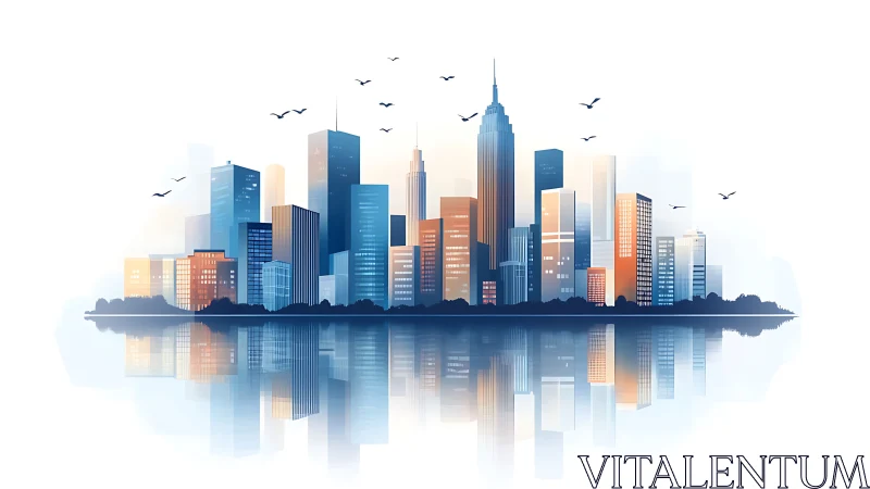 Stylized city skyline is reflected symmetrically in calm water