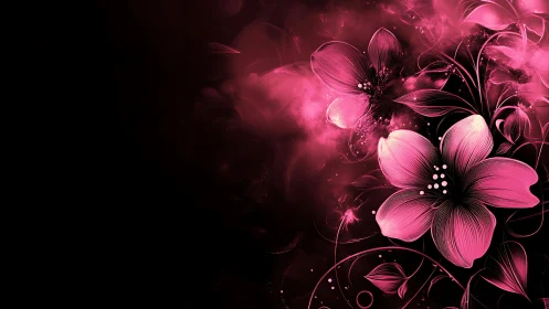 Neon Floral Bloom Against Dark Background.