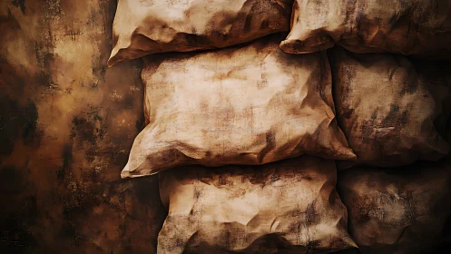 Weathered burlap sacks rest in a warm rustic warehouse wall