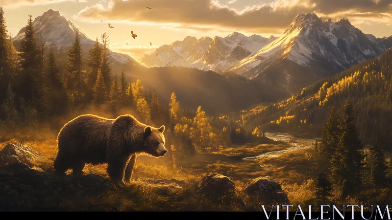Golden mountain valley welcomes a peaceful wandering bear