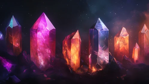 Luminous crystal monoliths glow within a cosmic nebula