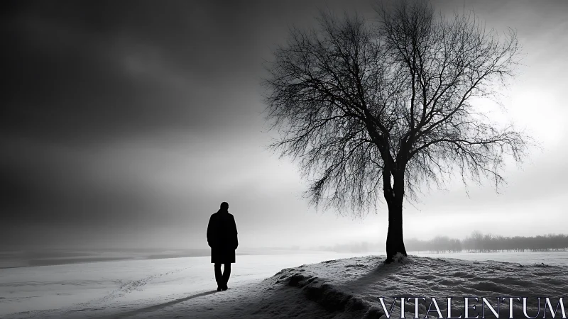 Solitary figure walking past bare tree in snowy field.