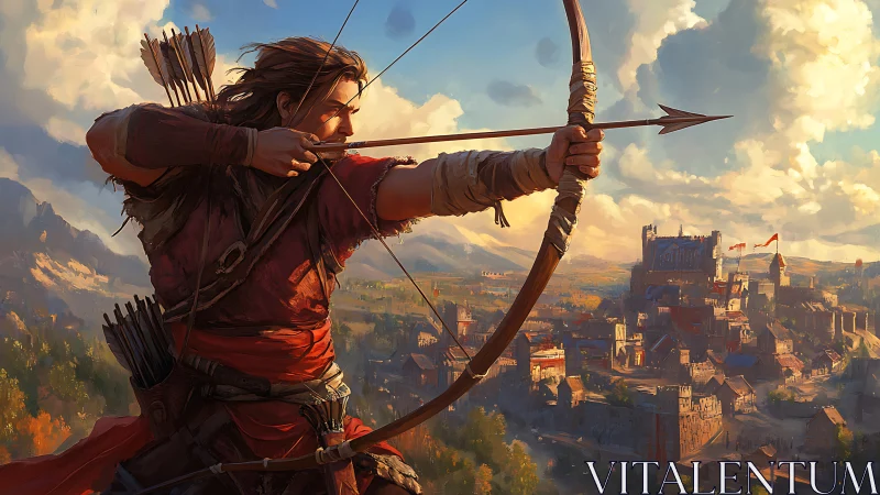 Lone archer draws a steady bow above a sunlit medieval city