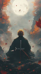 Lone samurai meditates beneath a vast autumn moonlit sky.