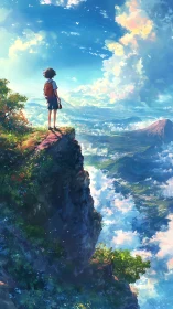 Anime cliffside vista with luminous sky and cloud depth.