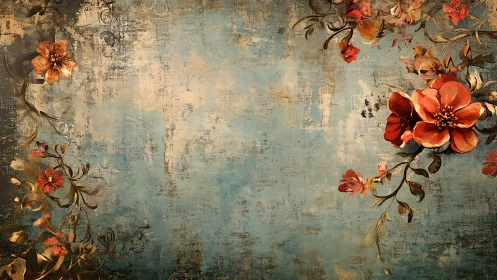 Weathered blue wall welcomes graceful red floral blooms