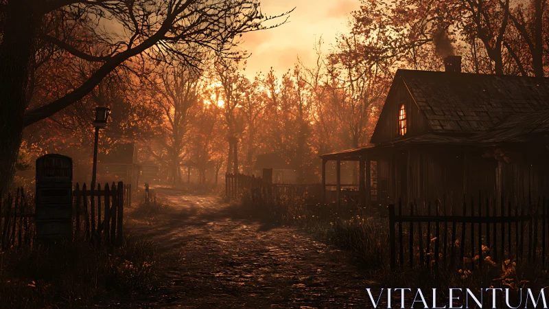Golden autumn lane welcomes a quiet countryside cottage glow