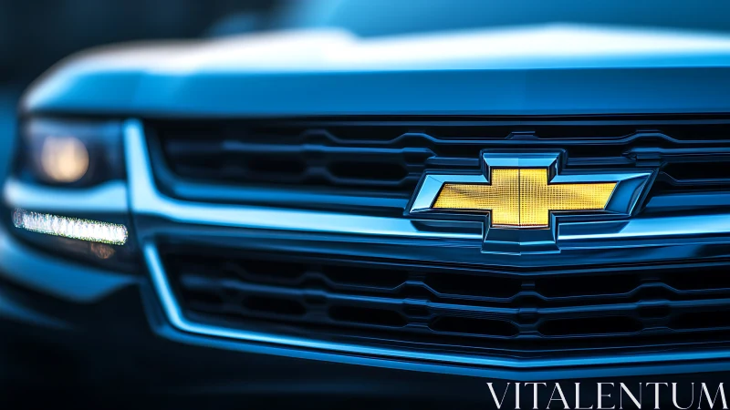 Bold car grille shines with a bright golden emblem at dusk
