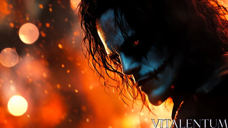 Side profile of dark figure with painted face in firelight.