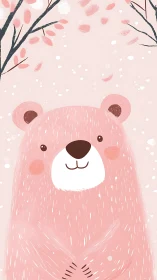 Pink cartoon bear illustration under stylized tree branches.