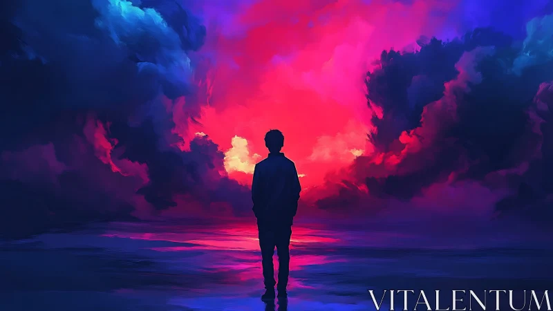 Lone figure contemplates vivid neon storm horizon at dusk.