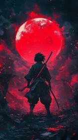 Lone samurai faces blood-red moon over burning ruins