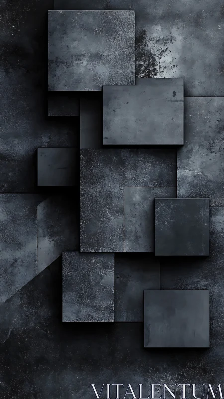 Layered charcoal metal squares in moody abstract grid.