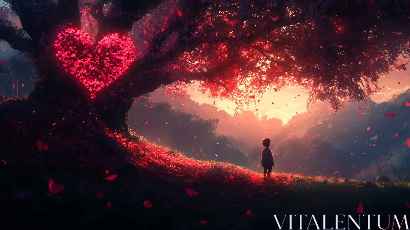 Solitary Figure Gazes Luminous Heart Tree Valley.