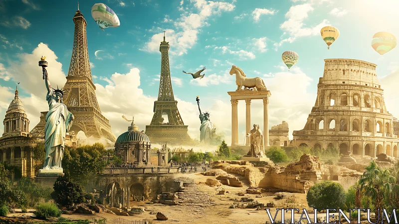 Iconic world monuments merged in surreal golden landscape.