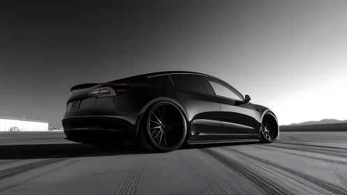 Low-angle rear view shows black sedan on open flat surface