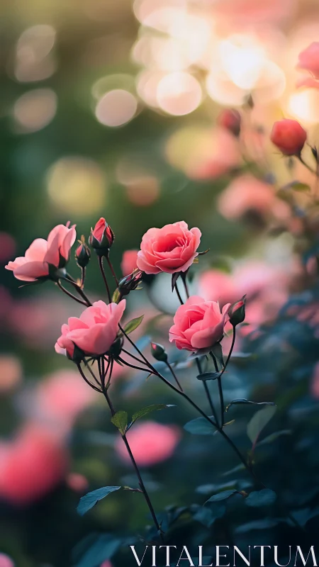 Pink Roses in Soft Bokeh Garden Light.