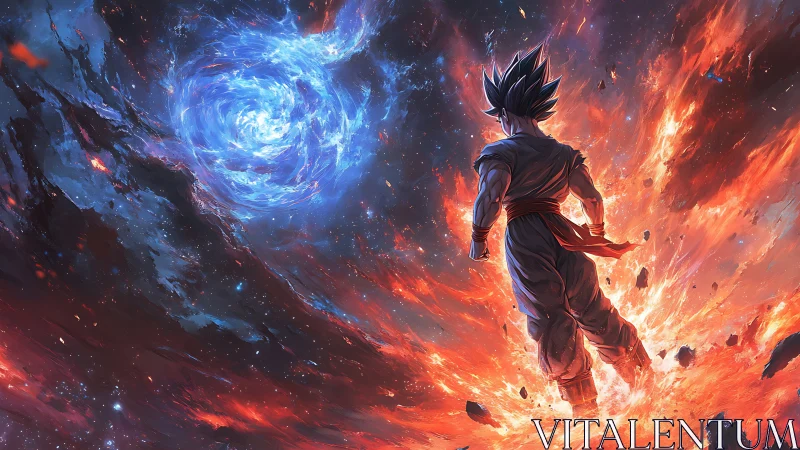 Dynamic anime warrior amid cosmic firestorm and energy portal.