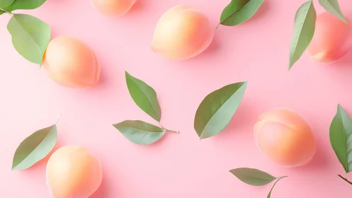 Soft pastel peaches and green leaves on pink background.