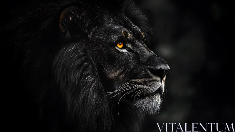 High-contrast black lion profile with luminous amber eye detail.