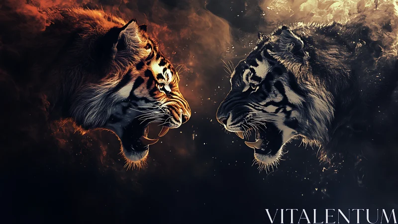 Two Tigers in Stylized Confrontation with Atmospheric Effects.