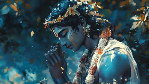 Devotional profile study of garlanded, blue-toned figure in prayer.