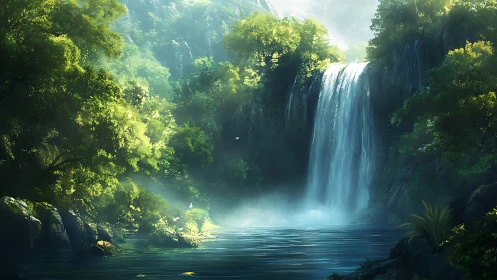 Waterfall cascade through dense forest vegetation with atmospheric mist