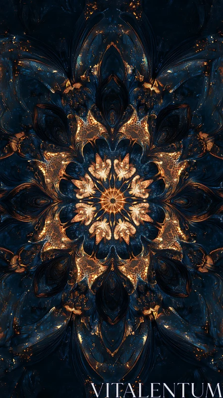 Fractal luminescent mandala with radial copper-gold filigree symmetry.