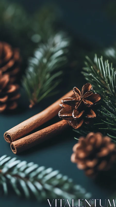 Cinnamon sticks, pine cones and fir branches arranged closely.