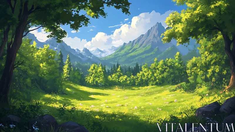 Alpine Valley Landscape Rendered with Volumetric Atmospheric Perspective and Layered Compositional D