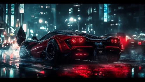 Red sports car in wet neon city street at night scene.