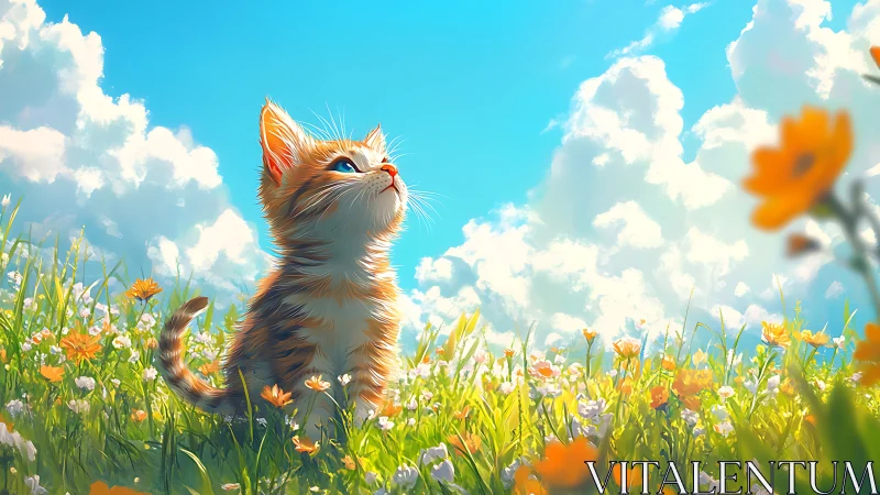 Orange tabby kitten gazing upward in vibrant wildflower meadow.