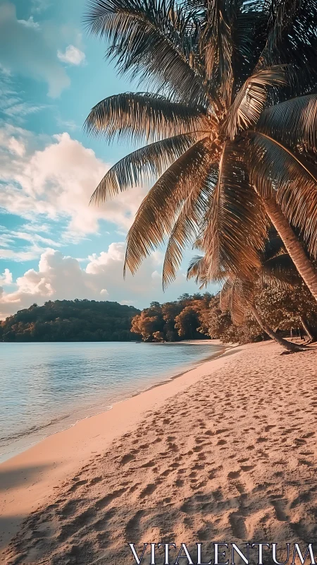 Palm Tree Beach Scene With Tropical Coastline and Clear Sky