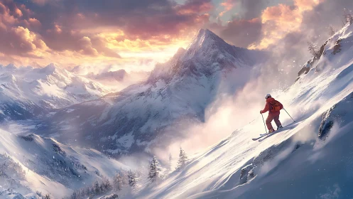 Skier descends steep snowy slope below dramatic alpine peak