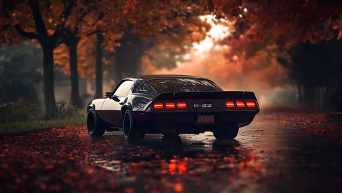 Classic muscle car on wet autumn road at dusk.