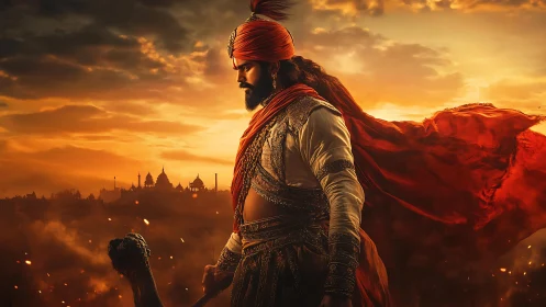 Warrior prince surveys burning battlefield at dramatic sunset