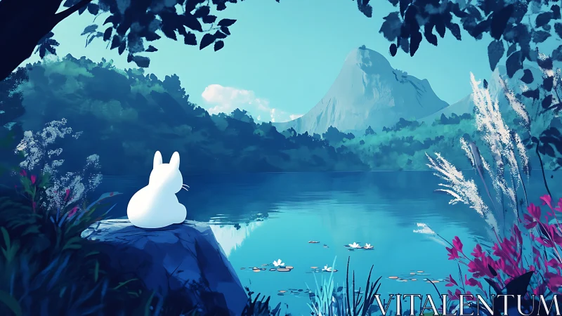 Soft-eared dreamer by a sapphire mountain lake horizon.