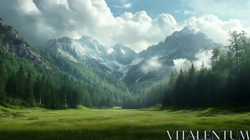 Peaceful mountain valley wrapped in soft morning light.