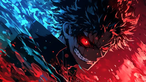 Dual-color anime character portrait with intense lighting.