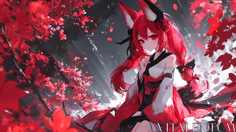 Fox-eared maiden stirs scarlet blossoms into silent storm