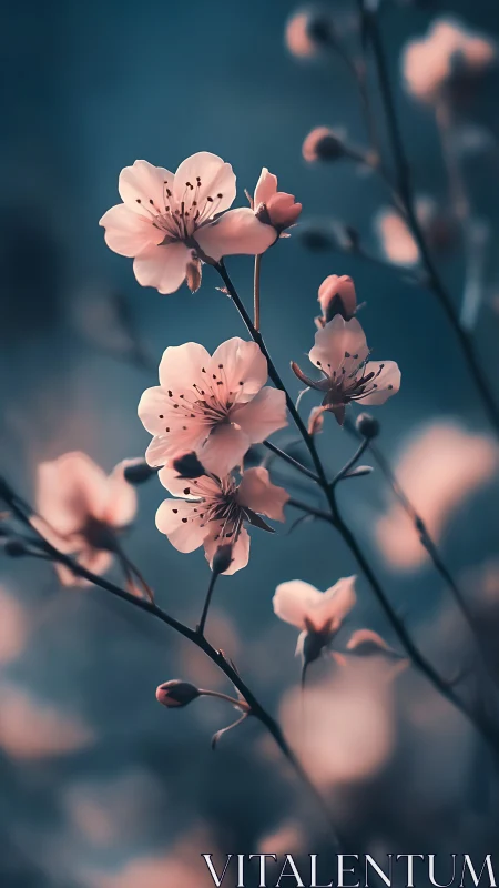 Soft Focus Cherry Blossoms Against Teal Gradient Background.