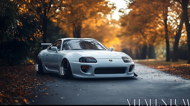 Sleek white sports car paused on a quiet autumn road.