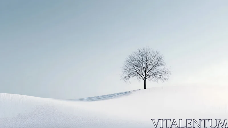 Solitary winter tree crowns a minimal snow-covered horizon